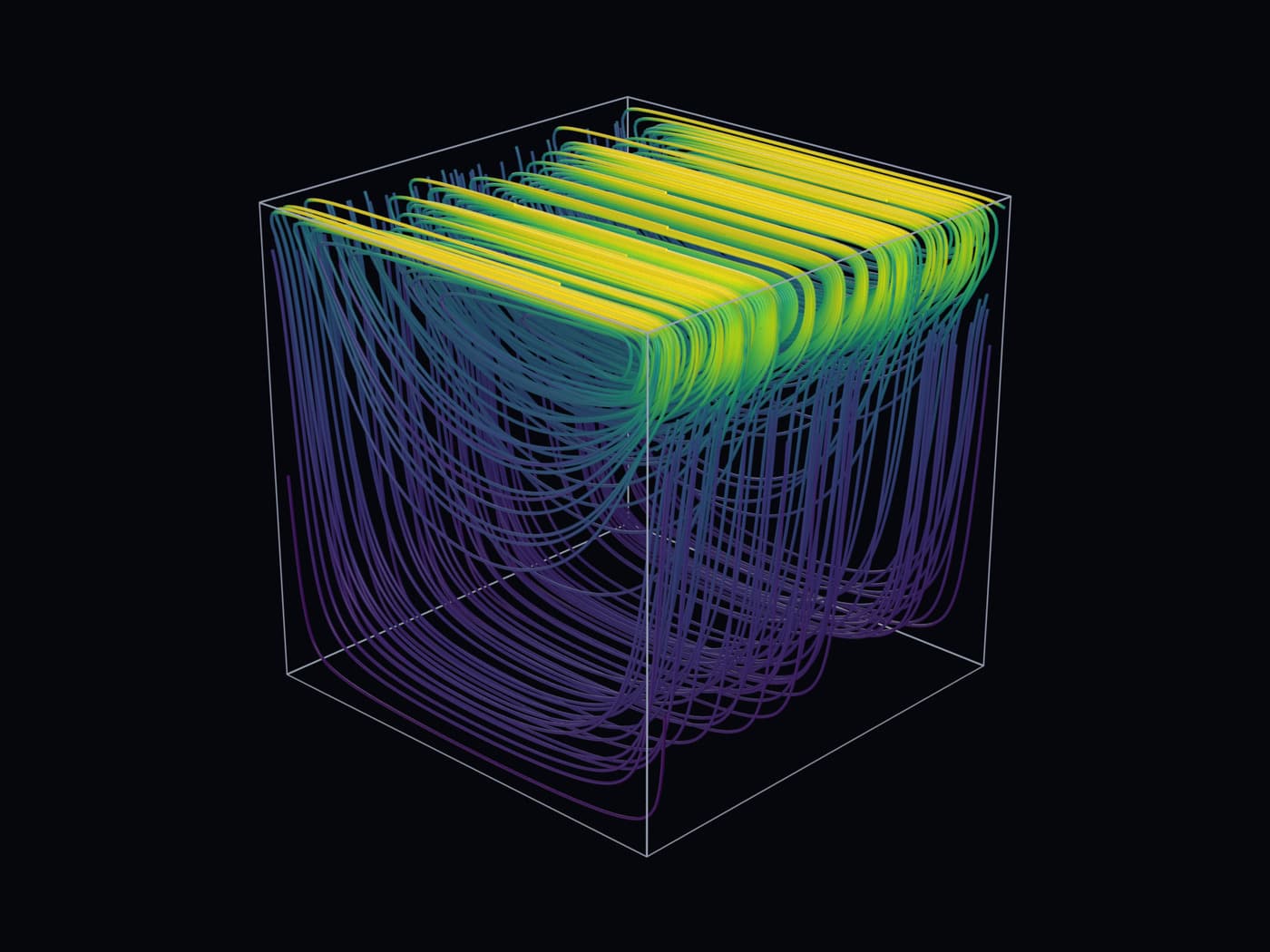 Streamlines through a three-dimensional lid-driven cavity solved by TesboFlow, swept into tubes and coloured by a nonlinear velocity scale.
